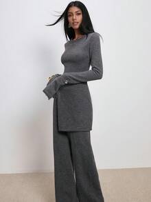 ATUI Studio 2 件套女士针织毛衣和裤子套装，时尚百搭，极简通勤，日常搭配，度假风格，办公室通勤装，极简主义女装 - 灰色 - 查看 4