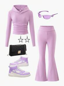 Genkimix Kids Girls Minimalist High Stretch Ribbed Soft Fabric Hooded Crop Top T-Shirt And Matching Flare Pants Set, Purple, Autumn - Purple - View 1