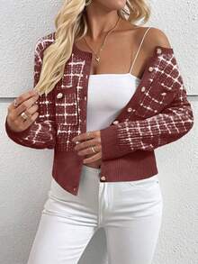 EMERY ROSE Women's Elegant Plaid Pattern Contrast Trim Button-Up Cardigan, Suitable For Work Commute, Autumn - Rust Brown - View 6