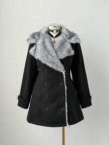 Sunspun Plus Size Women Overcoat With Faux Fur Collar And Double-Breasted Button Closure