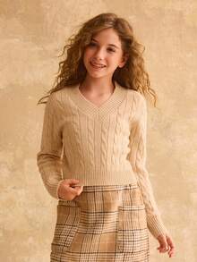 Tween Girls' V-Neck Cable Knit Pullover Sweater, Soft & Comfortable, Suitable For Daily, Outdoor, Travel, Vacation, Home, Daycare, And Children's Play Cropped Sweater