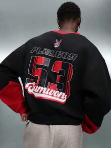 PLAYBOY X SUMWON 带有徽标和数字的短款 V 领运动衫 Streetwear 套头衫 - 黑色 - 查看 1