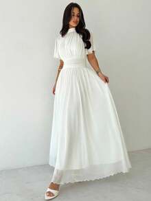 Firerie 女士优雅浪漫高腰 A 字形荷叶边立领连衣裙，喇叭袖，白色，适合通勤、海滩、度假 - 白色 - 查看 4