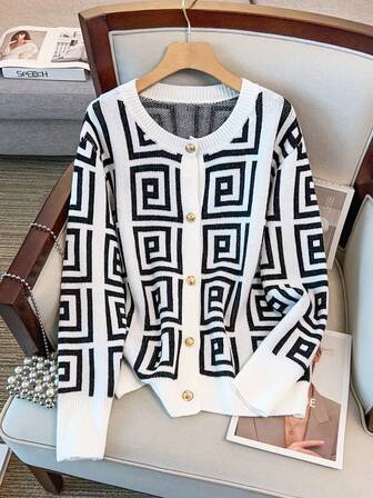Regalyn Women's Elegant Geometric Pattern Metal Button Contrast Trim Cardigan Knit Sweater
