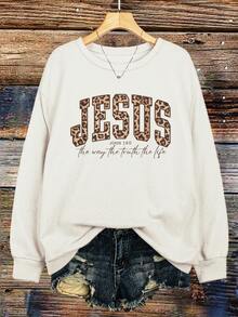 EMERY ROSE JESUS Letter & Leopard Print Minimalist Plus Size Women Plus Size Fleece Crew Neck Long Sleeve Sweatshirt, Gift For Friends, Autumn/Winter - Beige - View 3