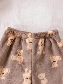 2 件套小男孩厚法兰绒卡通熊印花开衫和裤子套装，秋冬休闲家居服 - 棕色 - 查看 4