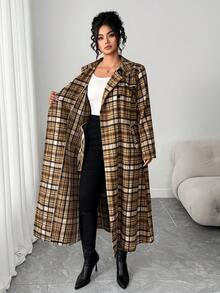 Elenzga 大码女式休闲复古格子翻领双排扣长袖长外套，适合日常穿着，秋冬季 - 彩色 - 查看 8