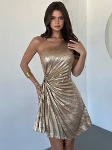 Firerie 女士休闲优雅荷叶边褶皱连衣裙/金色奢华舞会礼服/狂欢派对服装/不对称肩部连衣裙/优雅派对礼服/派对礼服/女士秋季服装/新年服装/秋季婚礼宾客礼服/闪亮礼服/女士金色礼服 - 白色 - 查看 8