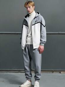 SHEIN 两件套青少年男童休闲日常撞色连帽卫衣和宽松运动裤套装，适合生日派对、晚宴、演出、婚礼、洗礼、开幕式等场合，日常穿着舒适，适合上学、旅行和运动，秋冬季款式，舒适百搭。 - 彩色 - 查看 6
