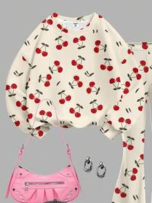 SHEIN Leap Crew Tween Girl 樱桃印花套头衫和喇叭裤套装，休闲日常通勤时尚，春秋季 - 彩色 - 查看 4