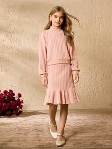 2pcs/Set Tween Girls Long Sleeve Top And Skirt Co-Ord Set