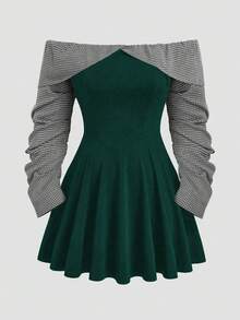 Sweetra 大码休闲拼色露肩长袖荷叶边下摆二合一连衣裙 - 墨綠色 - 查看 1