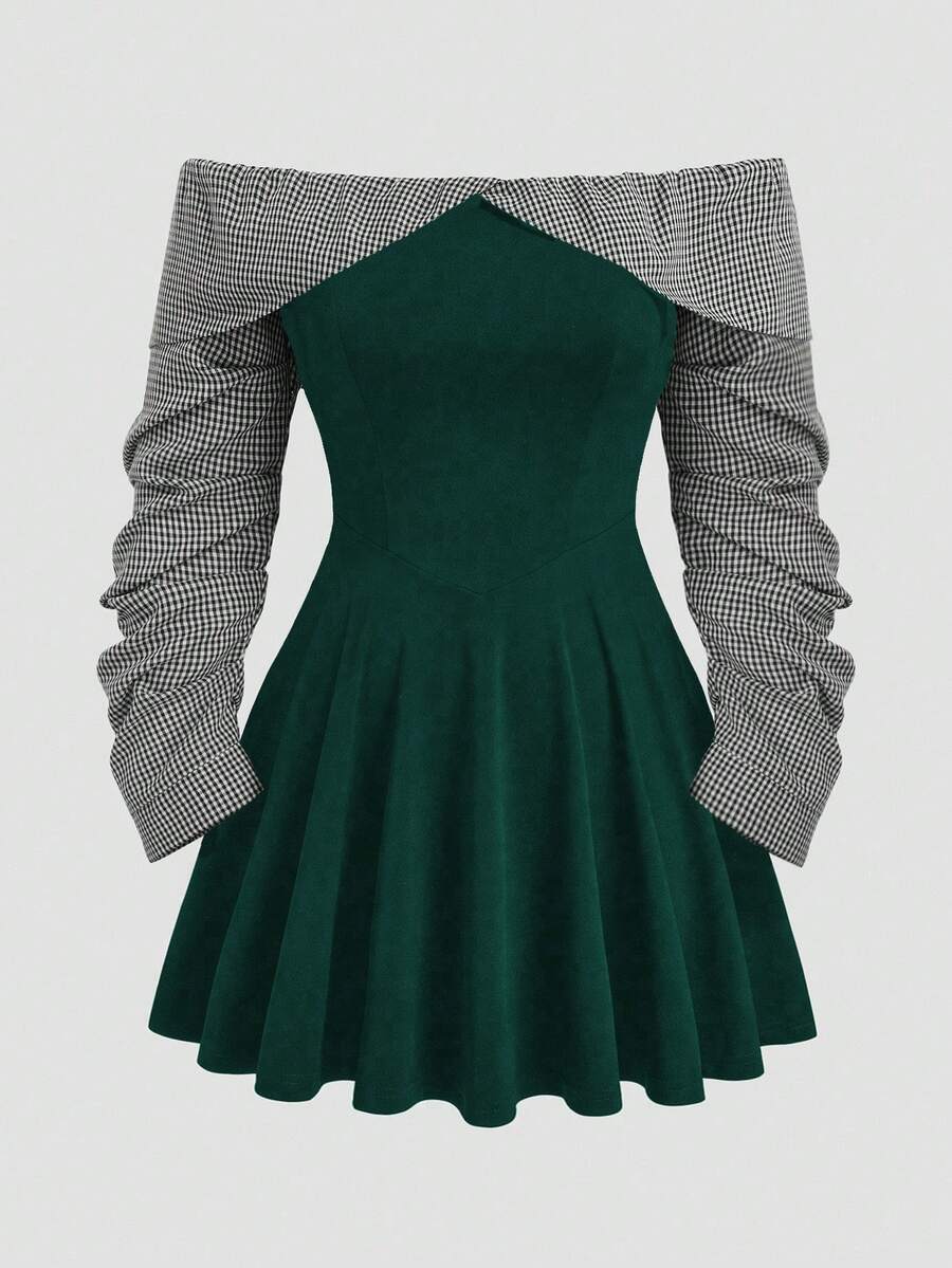 Sweetra 大码休闲拼色露肩长袖荷叶边下摆二合一连衣裙 - 墨綠色 - 查看 1