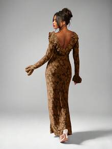 MISSGUIDED Plunge Neck Long Sleeve Ruffle Maxi Dress With Deep V Neckline For Evening Party Wedding Guest - Brown - View 2