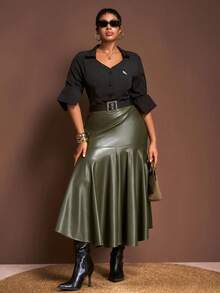 Veslaya 2026秋冬新款优雅复古浪漫波西米亚经典性感复古风女装日常、约会、外出、派对橄榄绿PU紧身鱼尾裙，大码下装 - 軍綠色 - 查看 6