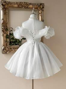 Lovelzi 优雅浪漫的白色超大立体花朵露肩聚拢蓬松连衣裙适合约会婚礼季晚宴单身派对返校季毕业季假新娘送礼会礼服，小白裙，新娘