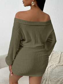 SHEIN SXY Women's Solid Color Off-Shoulder Dropped Shoulder Long Sleeve Ruched Fitted Mini Dress Ribbed Dress Off The Shoulder Long Sleeve Off Shoulder Dress Comfortable Dress Olive Dress Comfortable Two Piece Set One Piece Dress