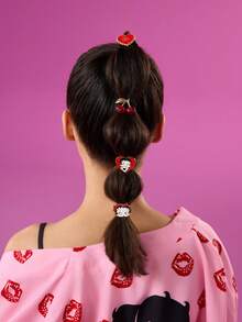 Betty Boop x SHEIN 4件套锌合金女士弹力发绳，红色爱心樱桃金色发圈黑色橡皮筋套装，适合扎头发和马尾辫发型，礼品创意，派对，节日，情人节 - 彩色 - 查看 7