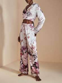 JIAN LASALA 多色印花缎面丝绸般低腰弹力阔腿睡裤睡衣奢华时尚服饰系列优雅下装 - 彩色 - 查看 6