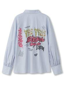 Shutterstock Y2Kool Women's Blue And White Striped Collared Oversized Grunge-Style Y2K Text And Flame Hand-Painted Print Casual Shirt Graphic Print Shirt Graffiti Print Shirt Long Sleeve Shirt Stylish Collection New Year Gyaru Cotton - Baby Blue - View 2