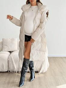 SHEIN Autumn And Winter Maternity Casual Hooded Jacket With Fur Collar, Winter Going Out Tops