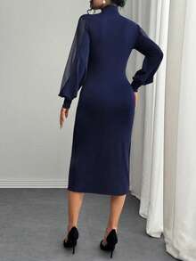 SHEIN Clasi Women's Elegant Round Neck Mesh Splice Bubble Decor Long Sleeve Dress Maxi Women Outfit - Navy Blue - View 2