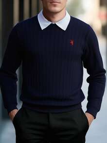 SHEIN 1 st tonårspojke gentleman-stil enfärgad marinblå rund halsad tröja för casual, mångsidig och snygg för affärer, skola, födelsedagsfest, vardagskläder, elegant och minimalistisk design - Marinblå - Visa 5