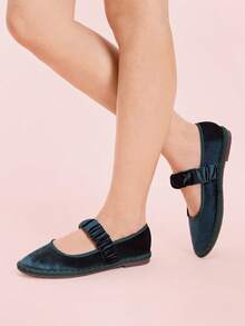 CUCCOO DOLLMOD Women's Dark Green Elegant Velvet Classic Comfortable Velvet Pleated Elastic Mary Jane Flat Shoes Spring Shoes - Dark Green - View 9