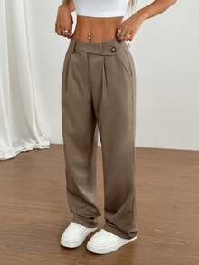 Flirla 1 件女士不对称腰部休闲、日常、通勤、购物卡其裤 - 摩卡棕 - 查看 6