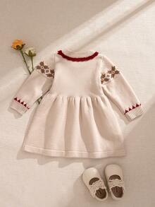 Souflis Souflis 女婴针织连衣裙，圆领长袖提花毛衣裙，红色针织蕾丝边毛衣裙，适合圣诞节、日常穿着、外出、聚会、节日，可作为礼物 - 杏色 - 查看 2