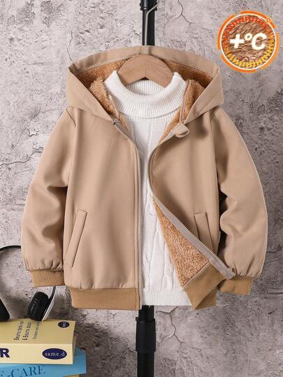 SHEIN Young Boy Casual Thick Thermal Lined Oversized Hoodie Jacket, Suitable For School, Vacation, Travel, Sports In Autumn/Winter