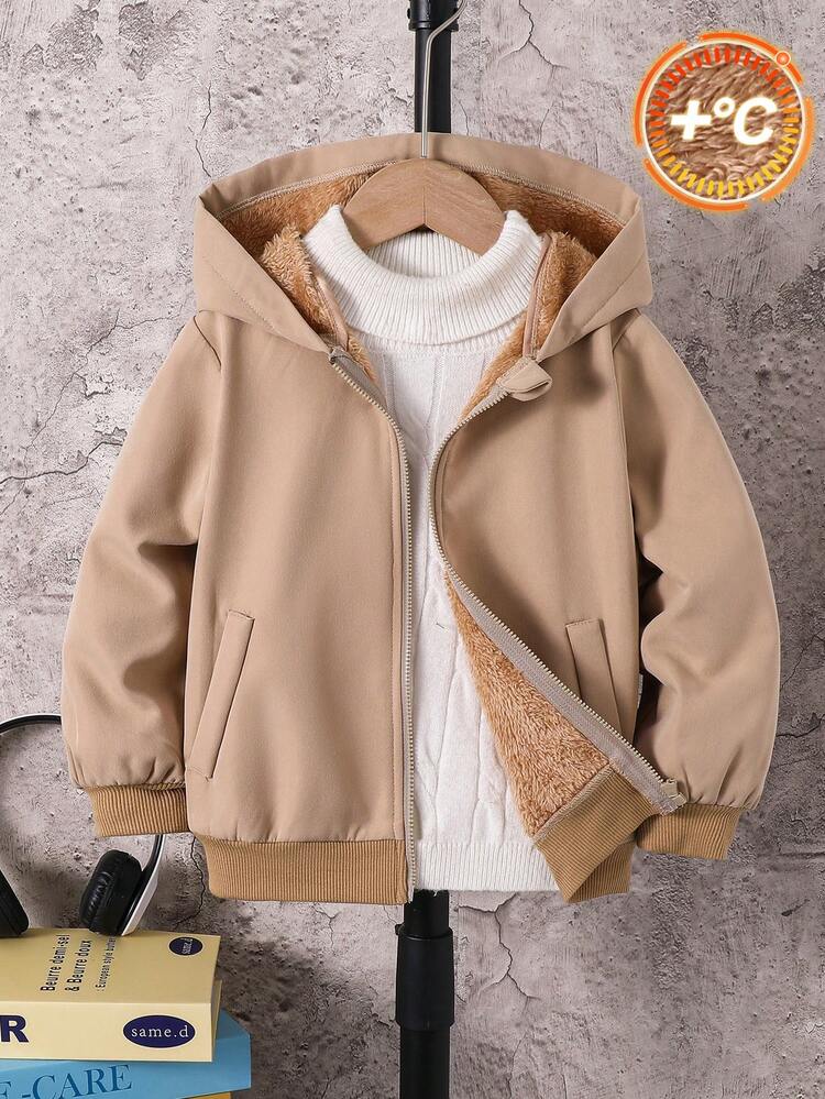 SHEIN 男童休闲厚款保暖内衬超大连帽夹克，适合秋冬季上学、度假、旅行、运动 - 杏色 - 查看 1