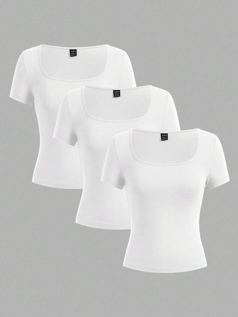 SHEIN EZwear 3 件女式短袖短款休闲修身 T 恤,适合夏季 - 白色 - 查看 1