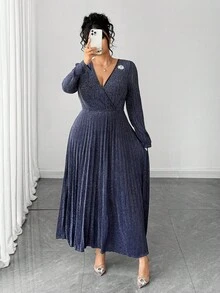 SHEIN Elenzya Plus Size Women's Elegant Glitter Knit V-Neck Puff Sleeve Rhinestone Decor Ruched Maxi Dress - Navy Blue - View 7