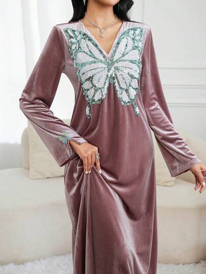Al Najma Women's Elegant Sequin Butterfly Pattern Long Sleeve Dress, Autumn Butterfly Abaya