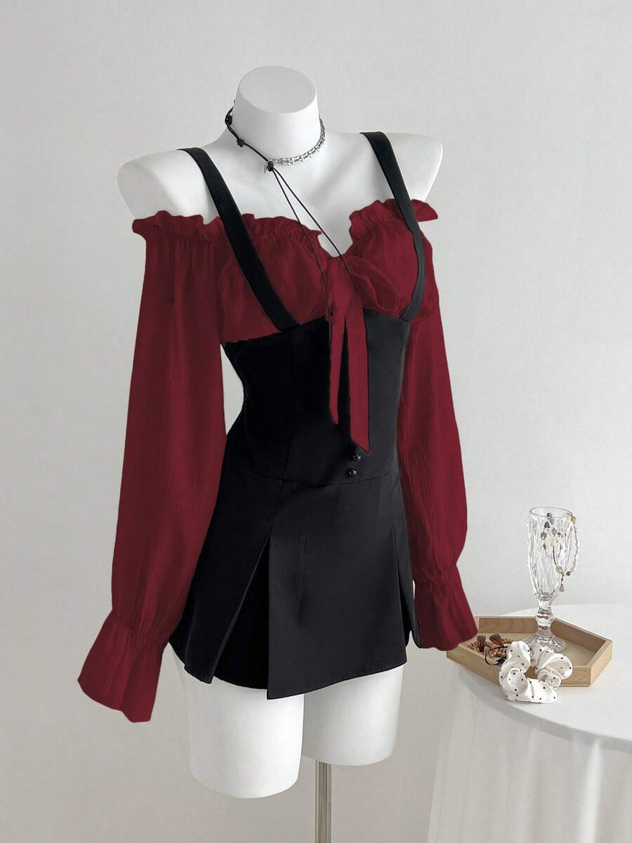 Elamini 女式撞色露肩短款连衣裙 - 紅色 - 查看 1