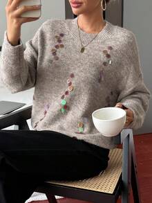 DAZY Sequin Embellished Oversized Sweater For Women, High-End Loose Casual Knit Pullover, Autumn/Winter - Khaki - View 5