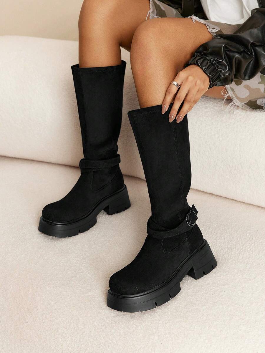 Daringsoles 女式圆头粗跟踝靴,休闲百搭弹力马靴 - 黑色 - 查看 1