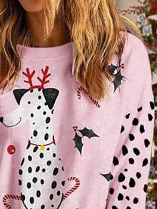 EMERY ROSE Popular Recommendation, Shiny And Cute Christmas Print Dog Print Women's Round Neck Sweatshirt, Suitable For Daily Shopping, Dating And School Wear, Warm Autumn And Winter Style - Multicolor - View 3