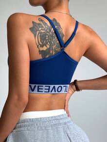 Gameset SHEIN Sport 女士撞色字母印花网眼运动文胸 - 藏蓝色 - 查看 2
