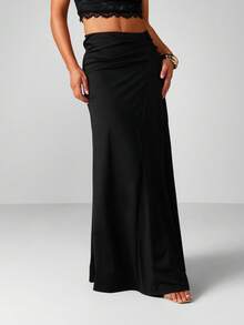 MISSGUIDED 褶饰侧裹式黑色超长裙，优雅长及地面晚会紧身裙 - 黑色 - 查看 1