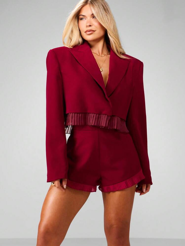 MISSGUIDED Christmas Burgundy Shoulder Pad Oversized Cropped Blazer With Pleated Trim Details For Professional Office Wear