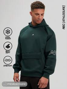 Sudadera con bolsillo y mangas raglán con estampado de letras para hombre, verde oliva - Verde Oscuro - Ver 3