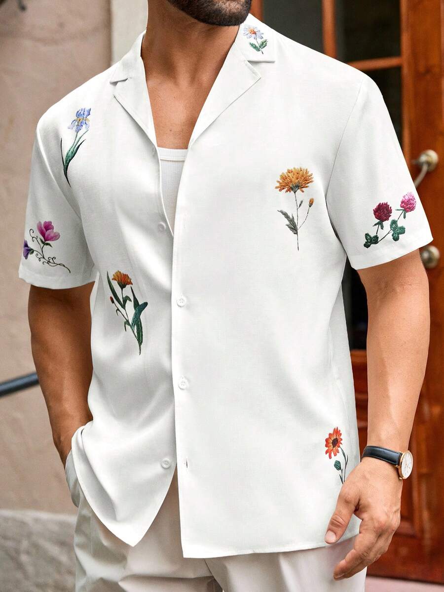 Manfinity NXTstreet 男士休闲个性化图案印花衬衫，夏季 - 白色 - 查看 1