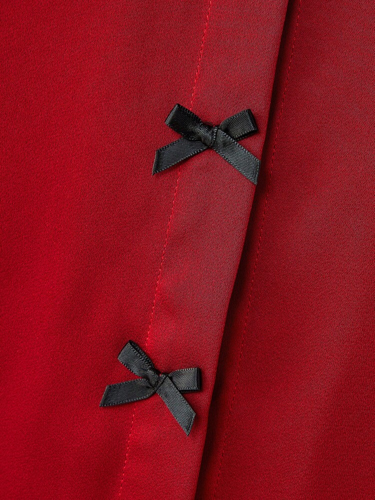 Red Satin Shirt With Black Bows Details , Women Fall Fall Women Spring Summer  New Year Business Casual Top Office French Style Parisian Style