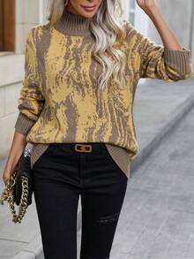 EMERY ROSE Women's Turtleneck Contrast Color Drop Shoulder Long Sleeve Loose Casual Knit Sweater - Mocha Brown - View 4