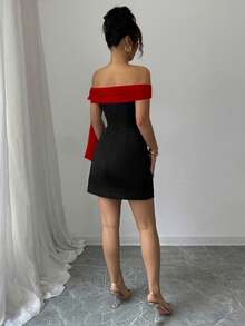 Rafferiza Váy ngắn hở vai thắt eo thắt nơ thanh lịch dành cho nữ, mùa hè - Đỏ và đen - Xem 2