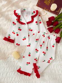 Bộ đồ mặc nhà gồm 2 chiếc áo dài tay in hoa và quần dài cho bé gái, thiết kế đơn giản và dễ thương - Đỏ và trắng - Xem 6