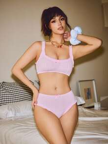 Lowkey Lull 2pcs Pink Ruffle Trim Balcony Cup 1/2 Cup Bra + Panty Set, Minimalist & Comfortable, Chic Autumn Women Lingerie Set - Pink - View 3