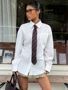 SHEIN EZwear 女式白色束腰长袖衬衫（配领带） - 白色 - 查看 7